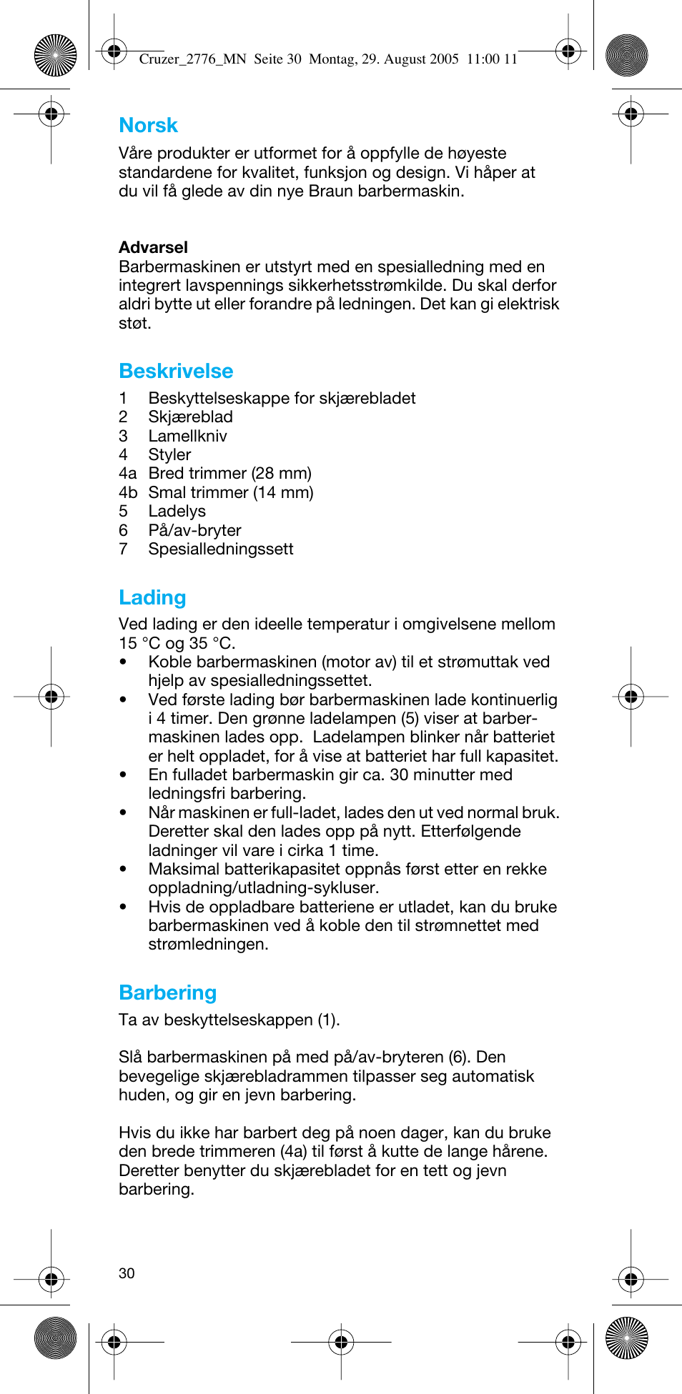 Norsk, Beskrivelse, Lading | Barbering | Braun 2776 CruZer2 User Manual | Page 29 / 59