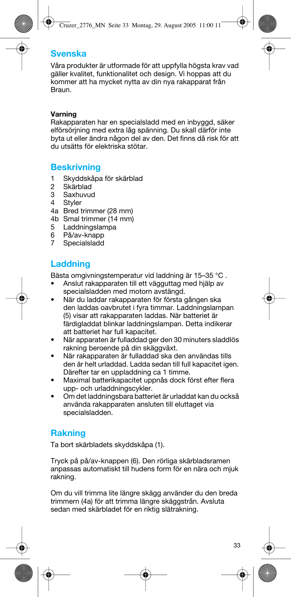 Svenska, Beskrivning, Laddning | Rakning | Braun 2776 CruZer2 User Manual | Page 32 / 59