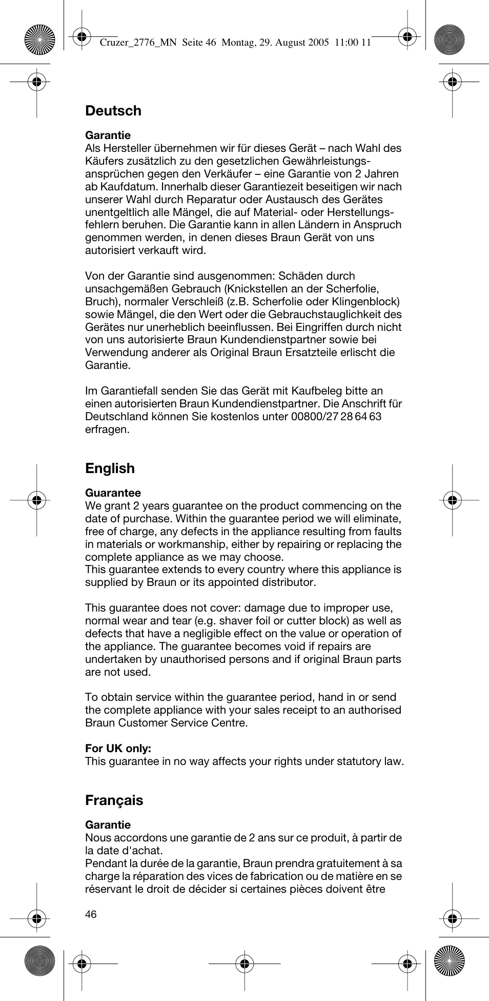 Deutsch, English, Français | Braun 2776 CruZer2 User Manual | Page 45 / 59