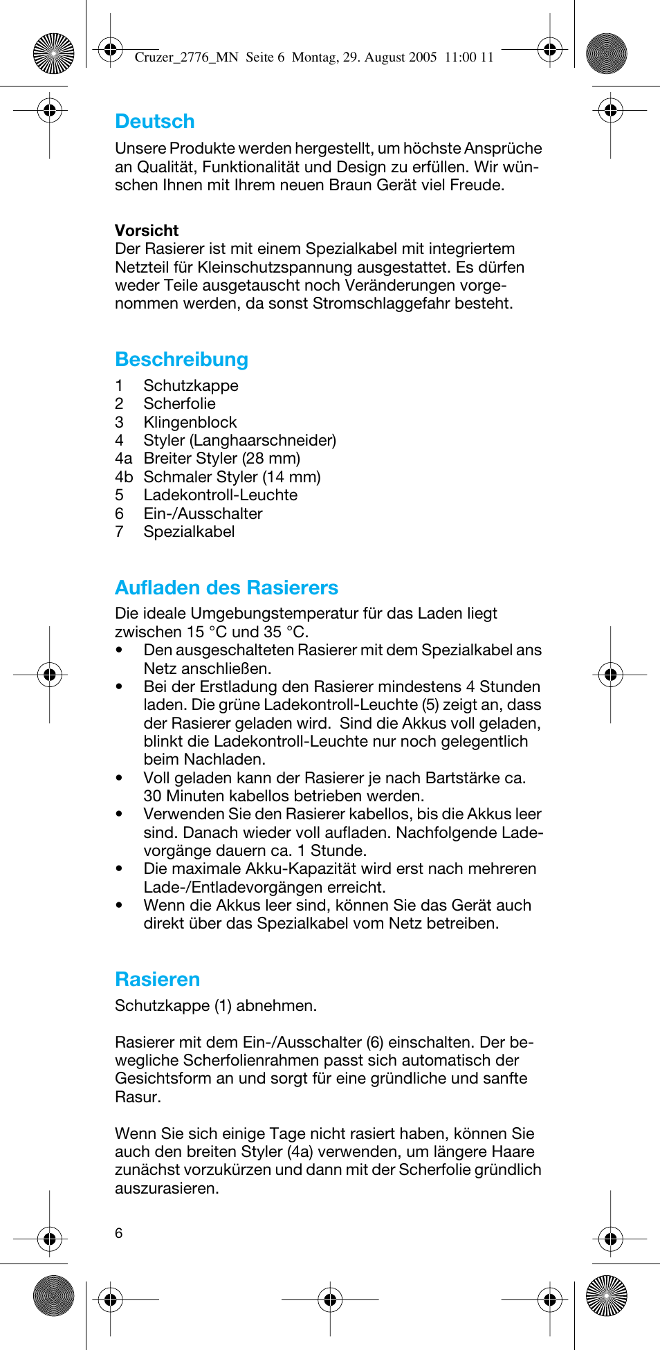 Beschreibung, Aufladen des rasierers, Rasieren | Deutsch | Braun 2776 CruZer2 User Manual | Page 5 / 59