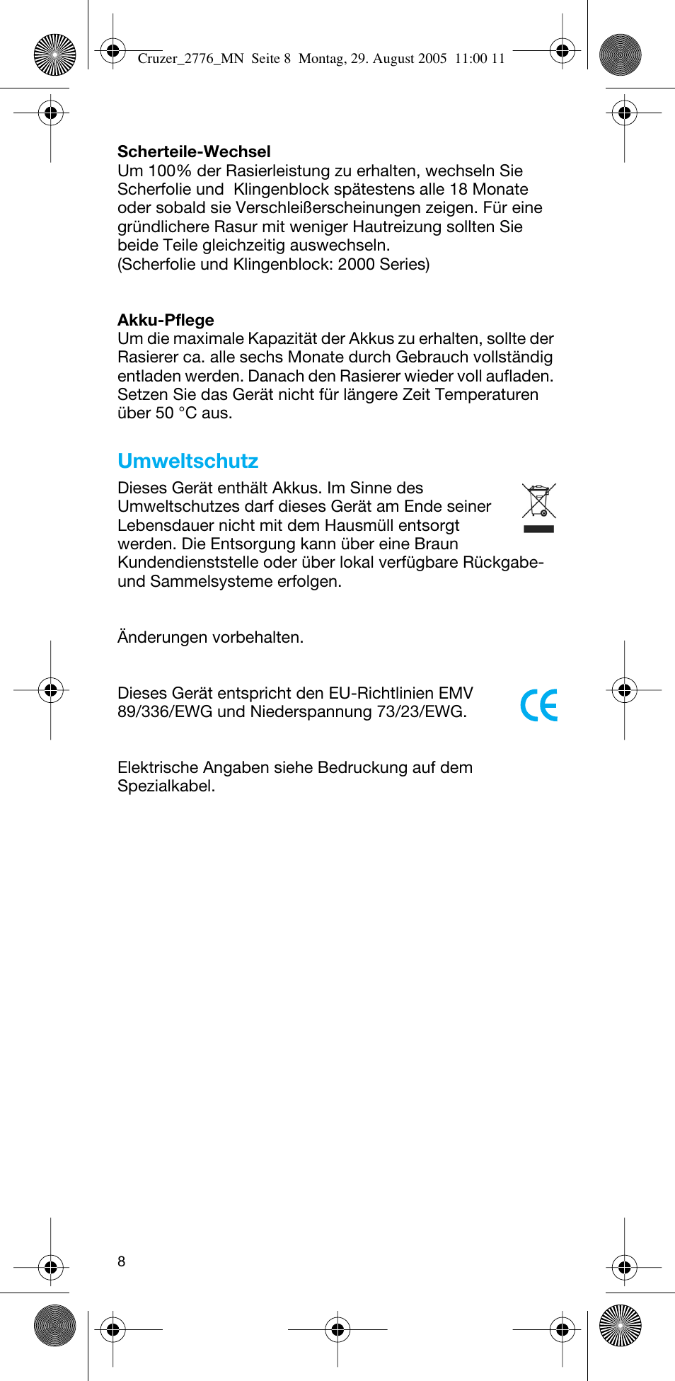 Umweltschutz | Braun 2776 CruZer2 User Manual | Page 7 / 59