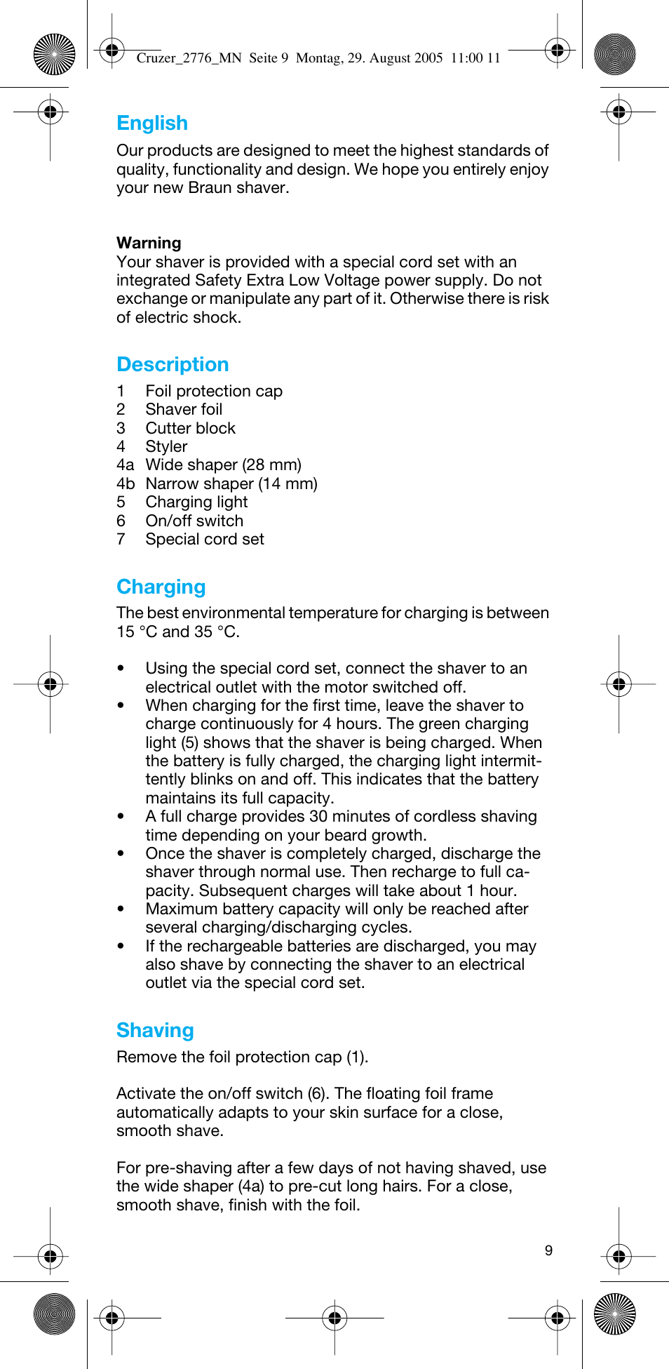 English, Description, Charging | Shaving | Braun 2776 CruZer2 User Manual | Page 8 / 59