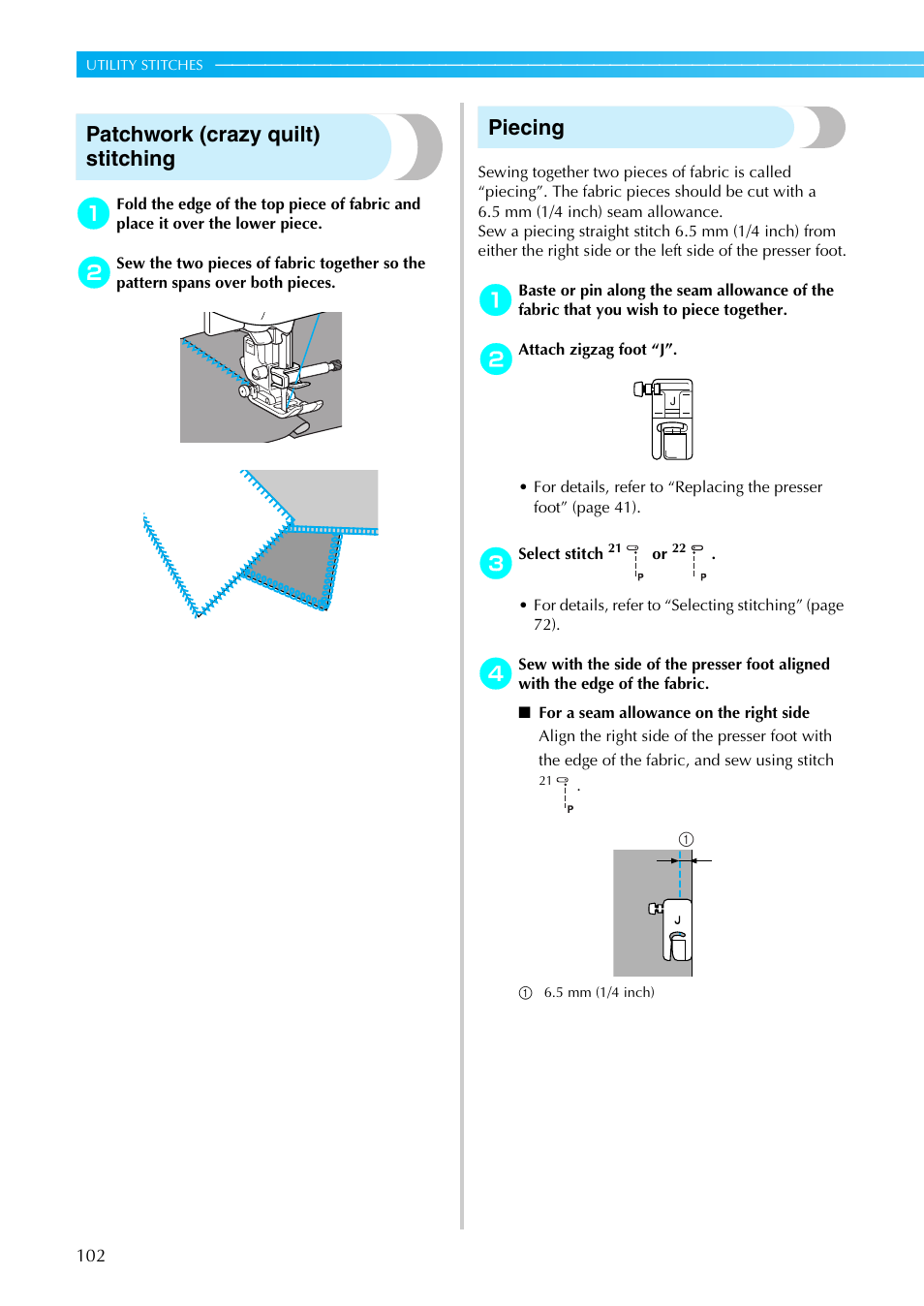 Patchwork (crazy quilt) stitching, Piecing | Brother SB4138 User Manual | Page 104 / 176