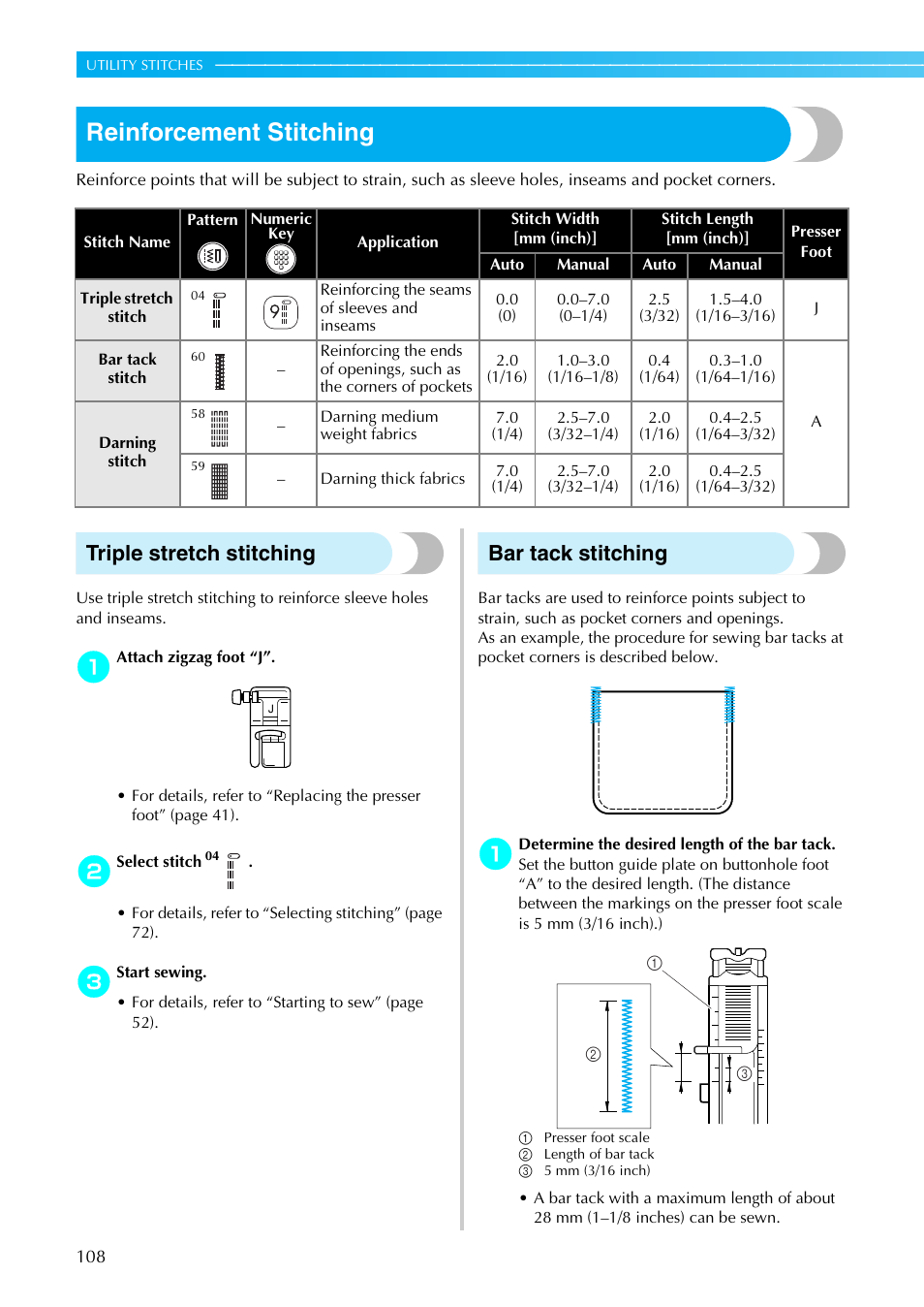 Reinforcement stitching, Triple stretch stitching, Bar tack stitching | Brother SB4138 User Manual | Page 110 / 176