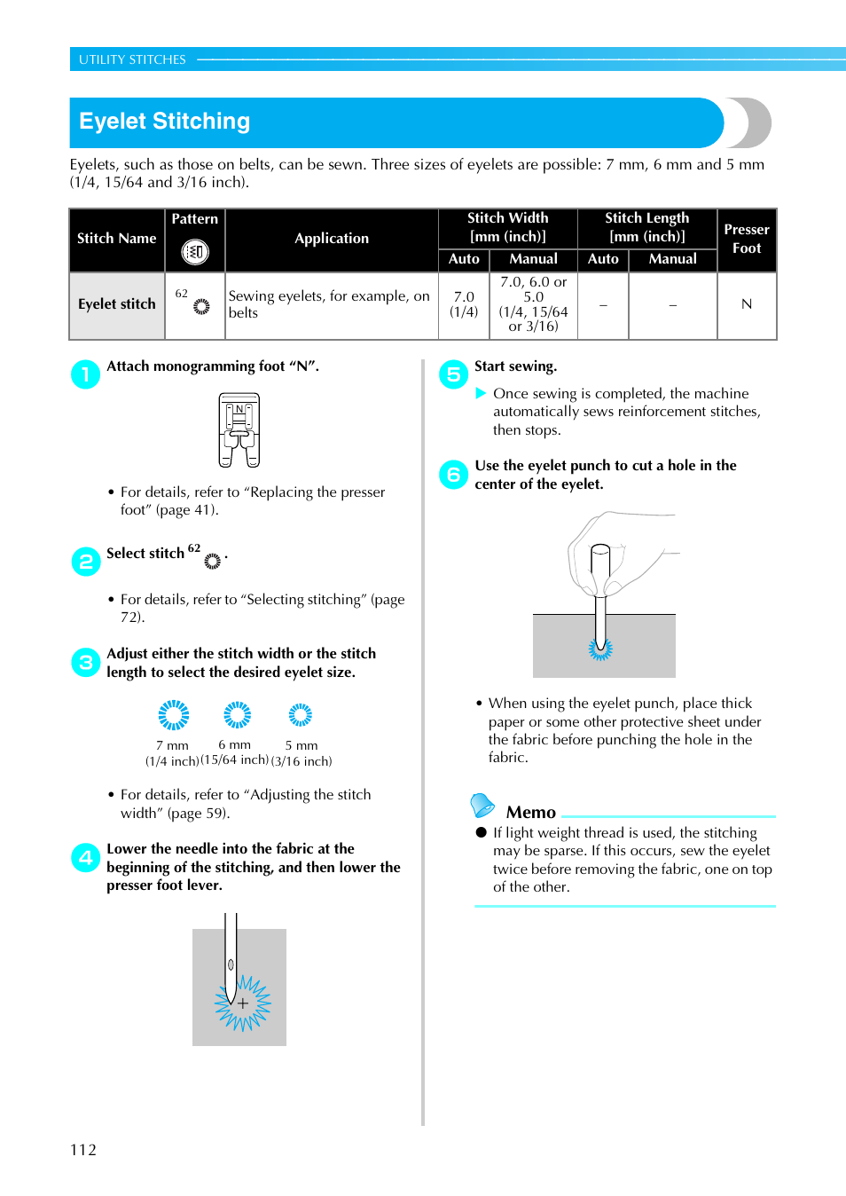 Eyelet stitching | Brother SB4138 User Manual | Page 114 / 176