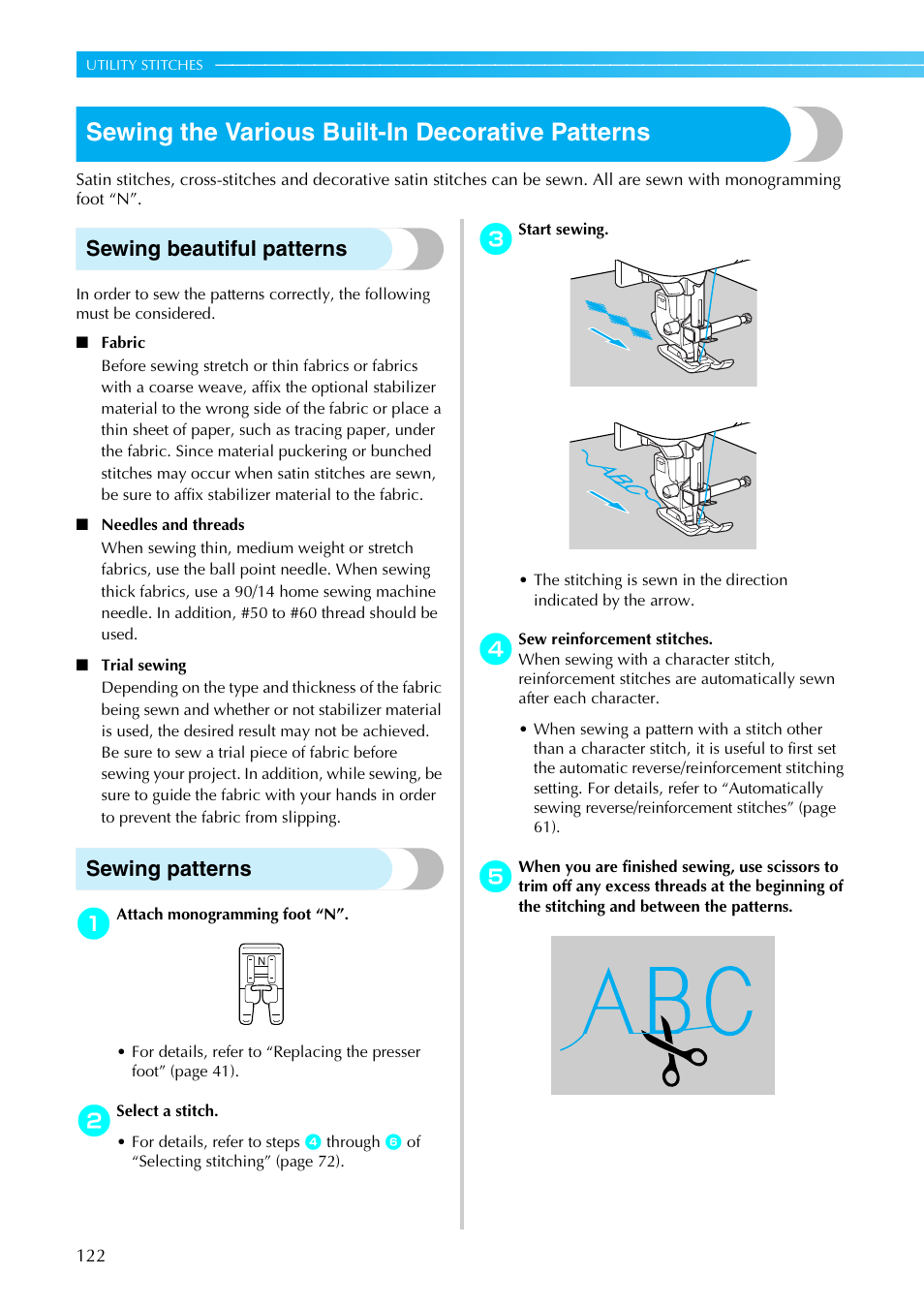 Sewing the various built-in decorative patterns, Sewing beautiful patterns, Sewing patterns | Brother SB4138 User Manual | Page 124 / 176