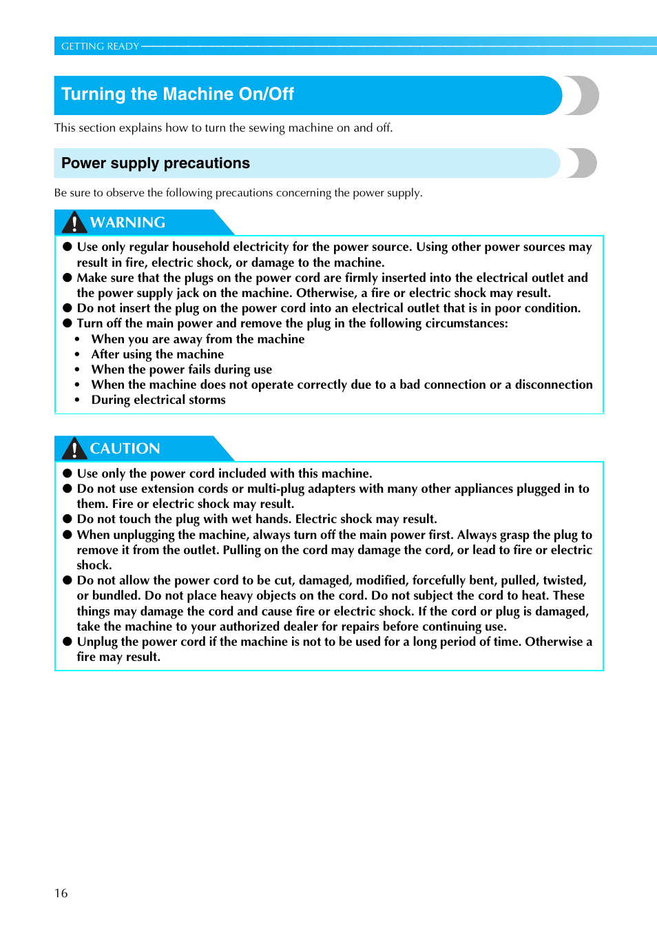 Turning the machine on/off, Power supply precautions, Warning caution | Brother SB4138 User Manual | Page 18 / 176