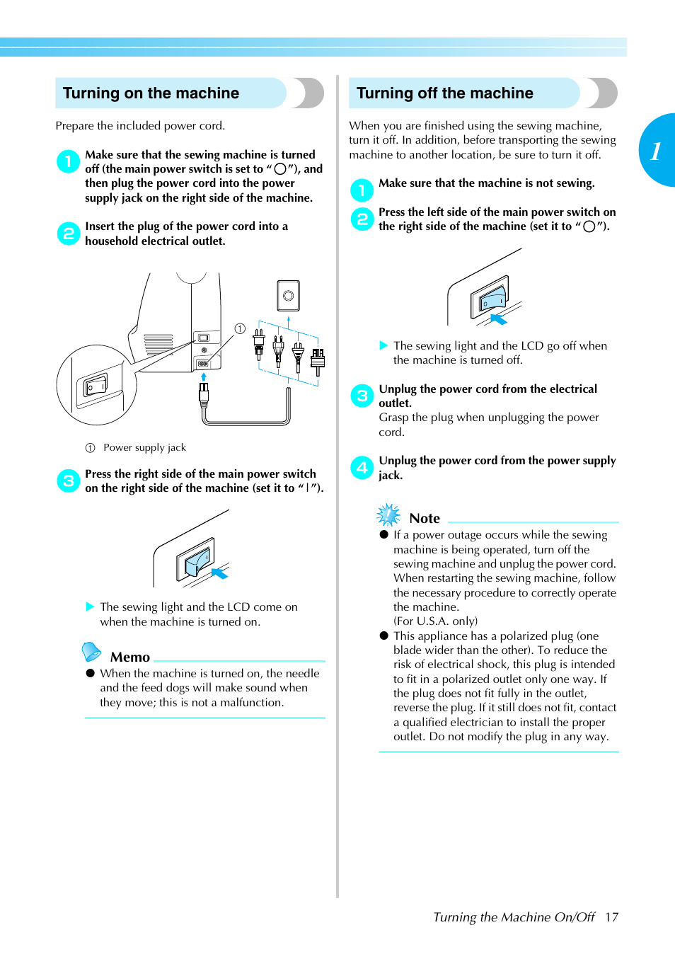 Turning on the machine, Turning off the machine | Brother SB4138 User Manual | Page 19 / 176