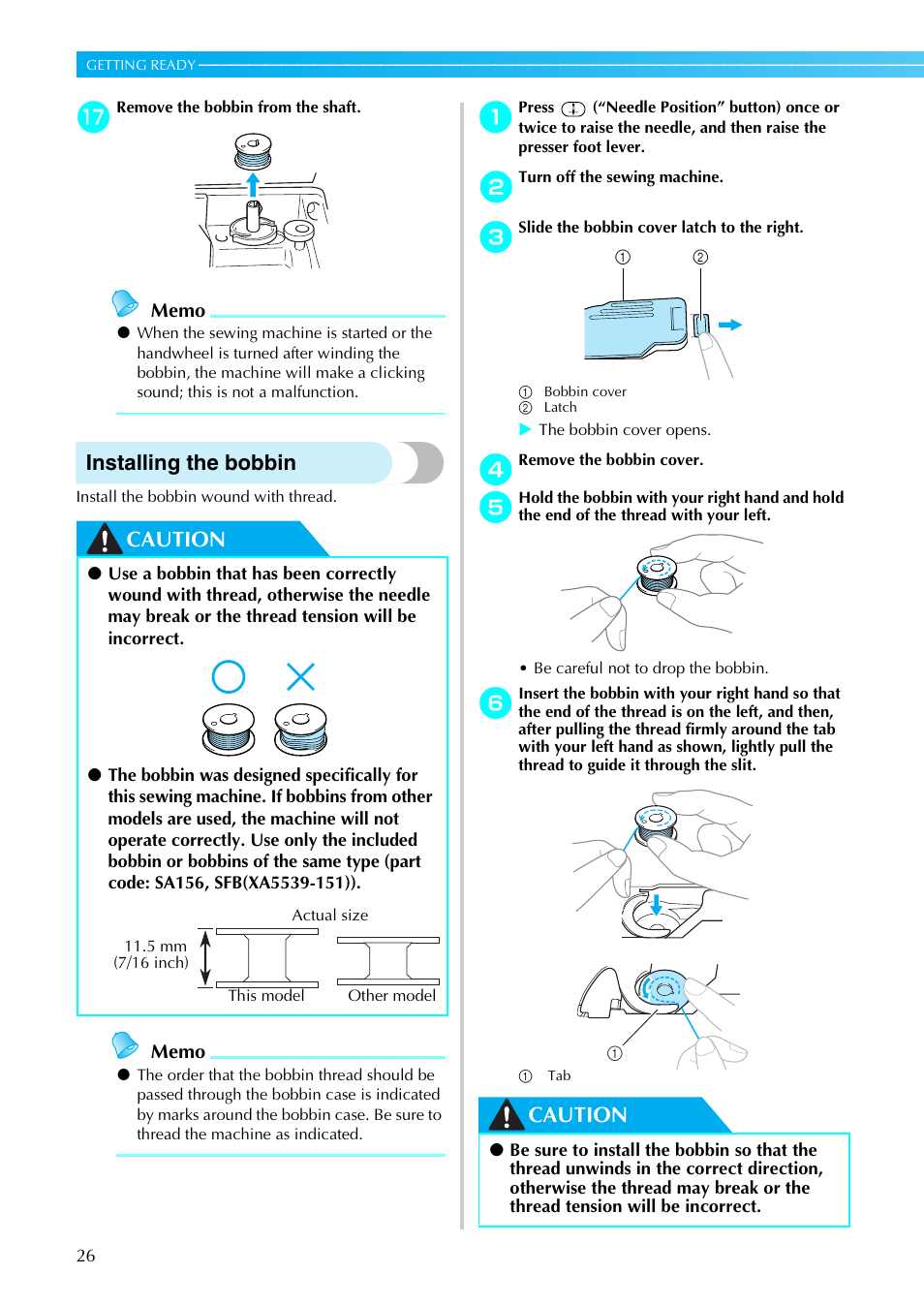 Installing the bobbin, Caution | Brother SB4138 User Manual | Page 28 / 176