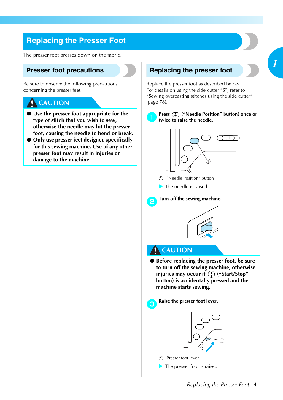 Replacing the presser foot, Presser foot precautions, Caution replacing the presser foot | Caution | Brother SB4138 User Manual | Page 43 / 176