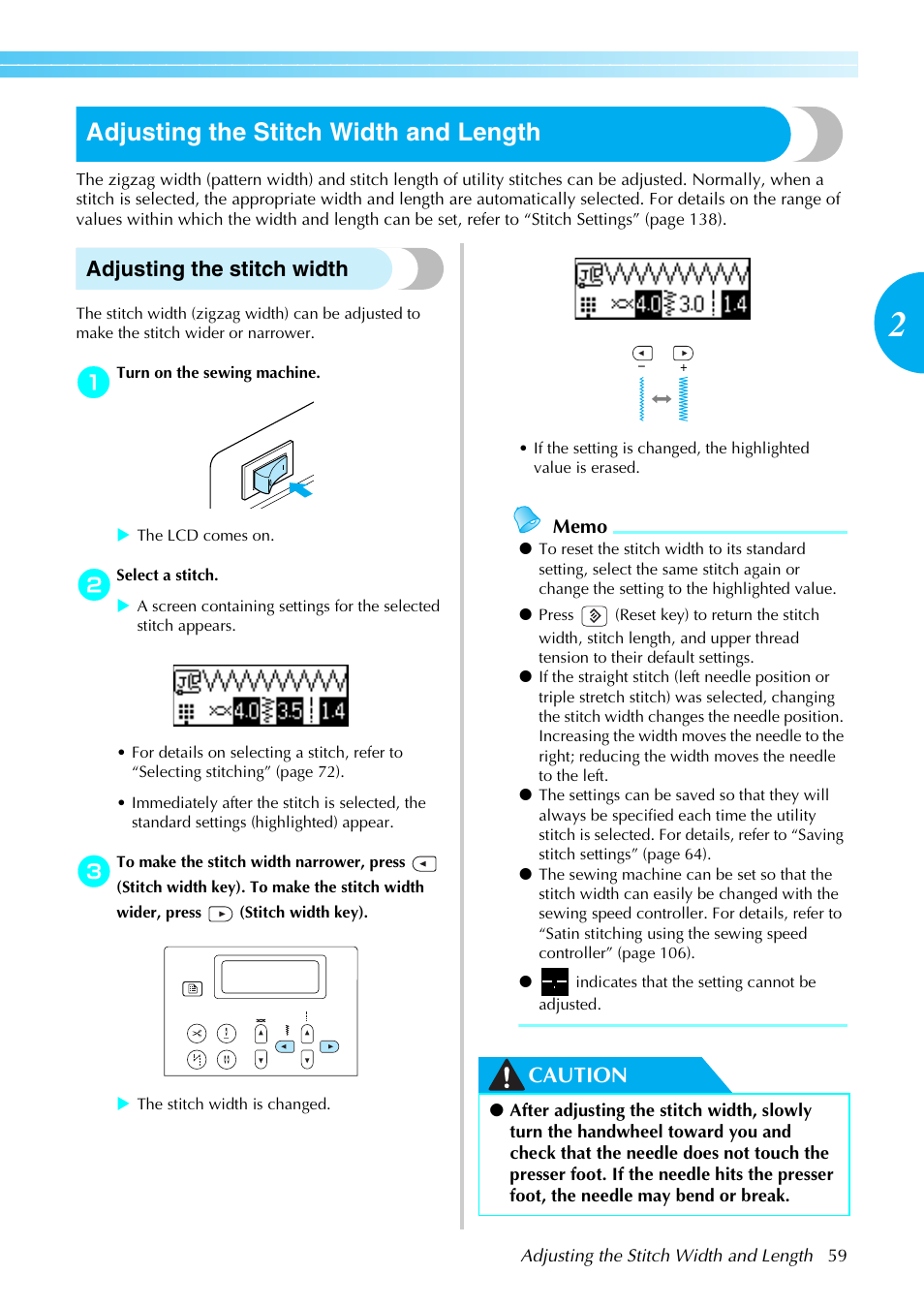 Adjusting the stitch width and length, Adjusting the stitch width, Caution | Brother SB4138 User Manual | Page 61 / 176