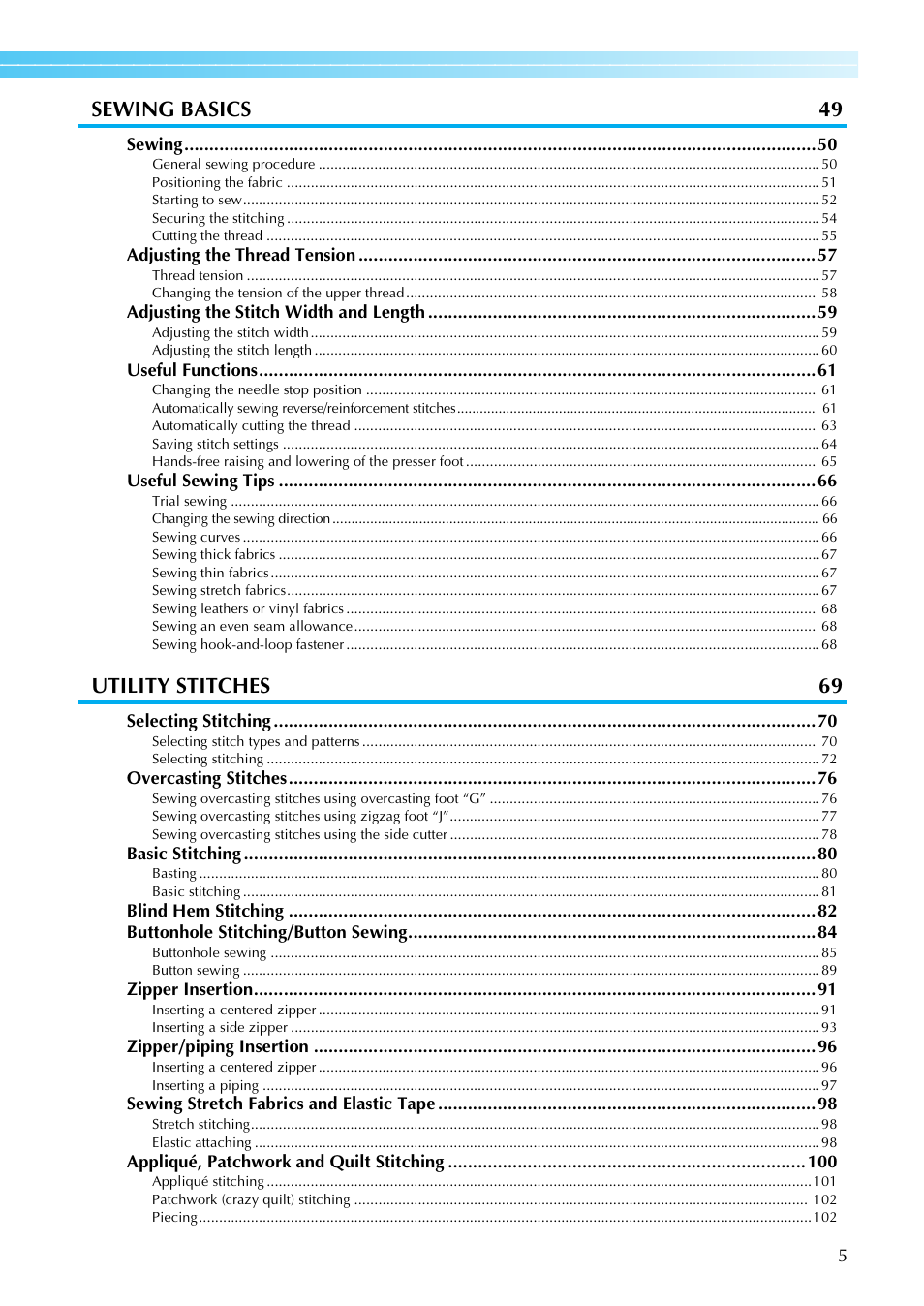 Sewing basics 49, Utility stitches 69 | Brother SB4138 User Manual | Page 7 / 176