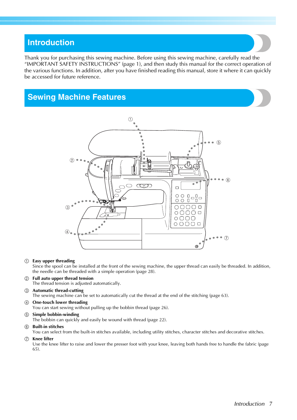 Introduction, Sewing machine features | Brother SB4138 User Manual | Page 9 / 176