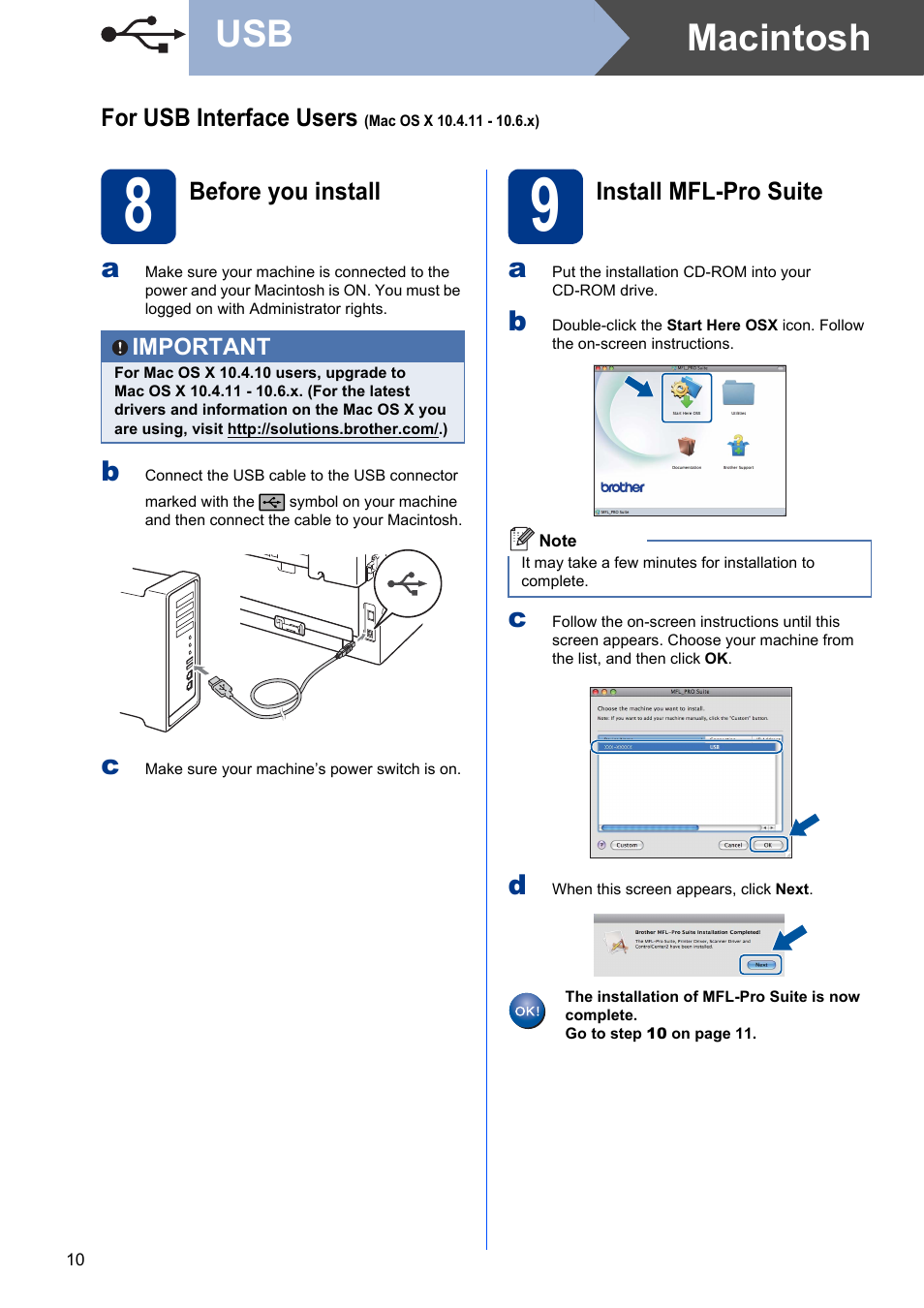 8 before you install, 9 install mfl-pro suite, Macintosh usb | Brother HL-2280DW User Manual | Page 10 / 35