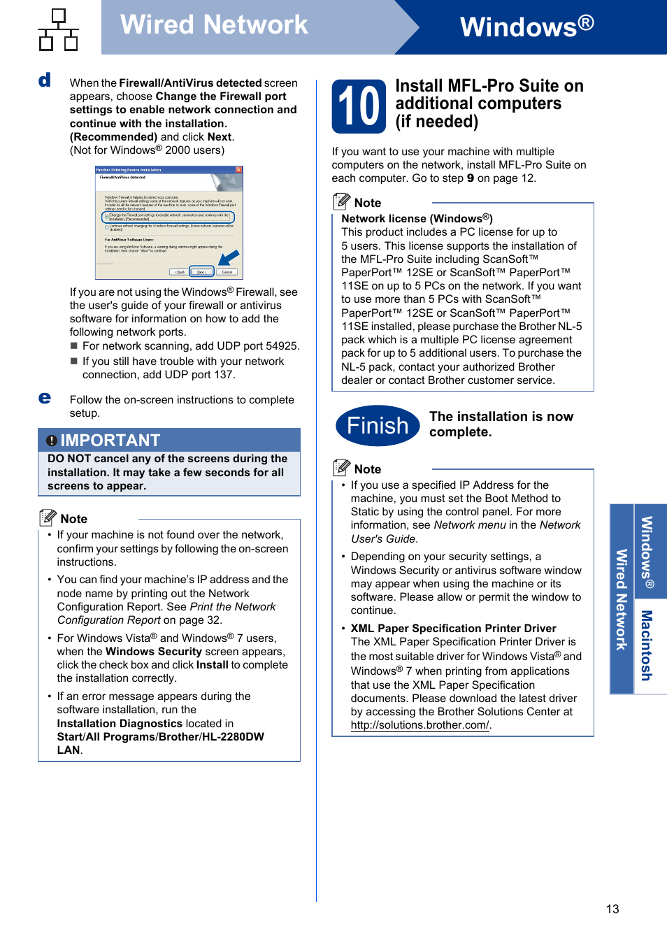 Windows, Wired network, Finish | Important | Brother HL-2280DW User Manual | Page 13 / 35