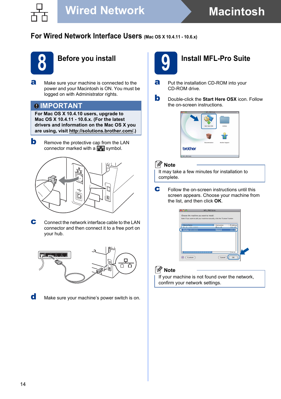 8 before you install, 9 install mfl-pro suite, Macintosh wired network | Brother HL-2280DW User Manual | Page 14 / 35