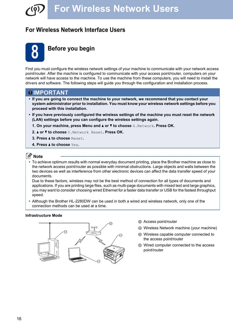For wireless network interface users, 8 before you begin, For wireless network users | Before you begin, Important | Brother HL-2280DW User Manual | Page 16 / 35