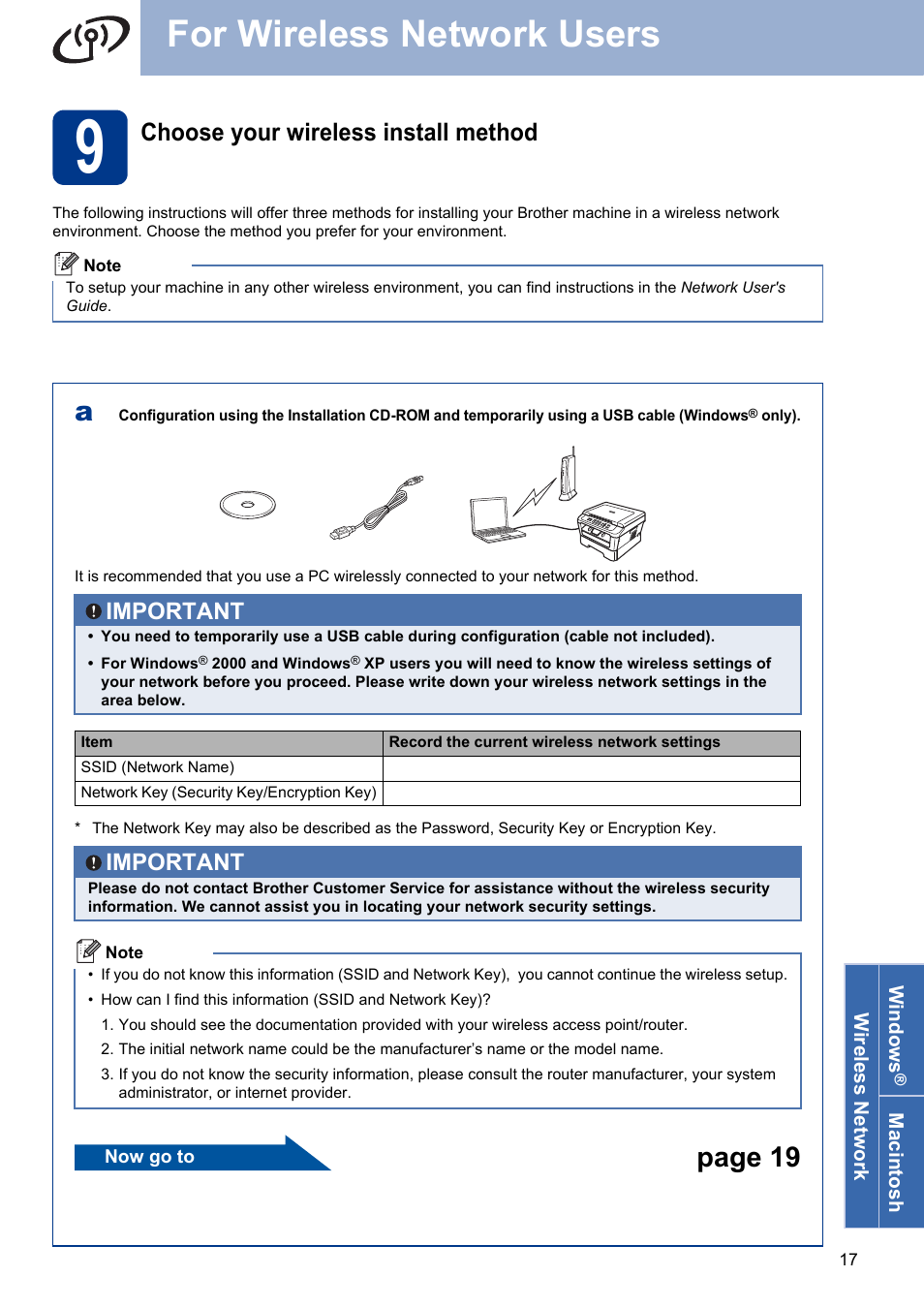 9 choose your wireless install method, For wireless network users, Page 19 | Choose your wireless install method, Important | Brother HL-2280DW User Manual | Page 17 / 35