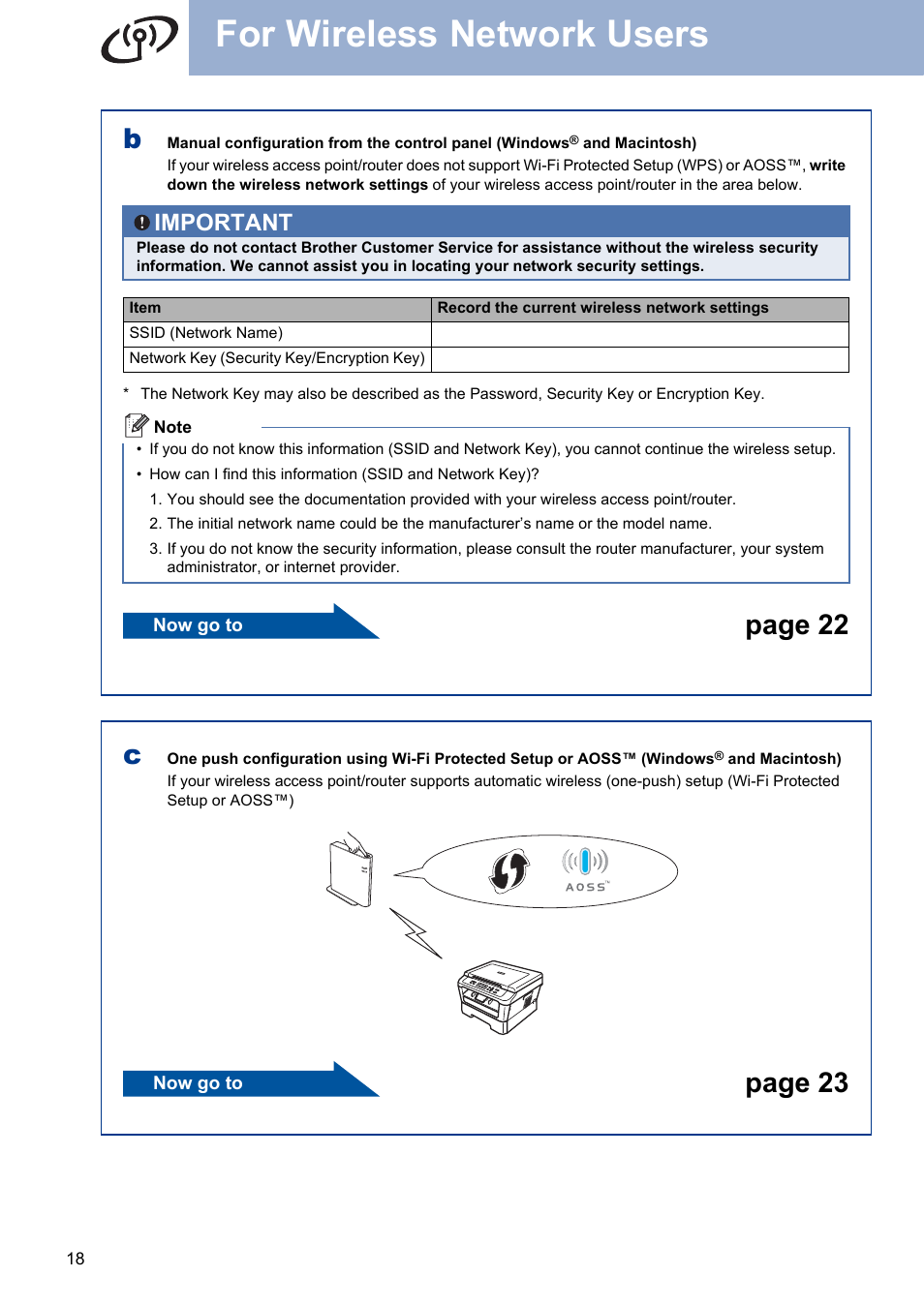 For wireless network users, Page 22, Page 23 | Important | Brother HL-2280DW User Manual | Page 18 / 35