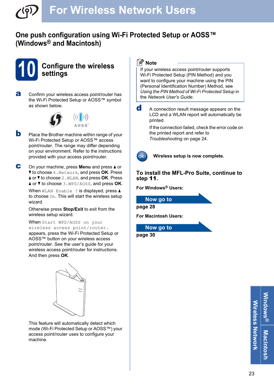 10 configure the wireless settings, For wireless network users, And macintosh) | Configure the wireless settings | Brother HL-2280DW User Manual | Page 23 / 35