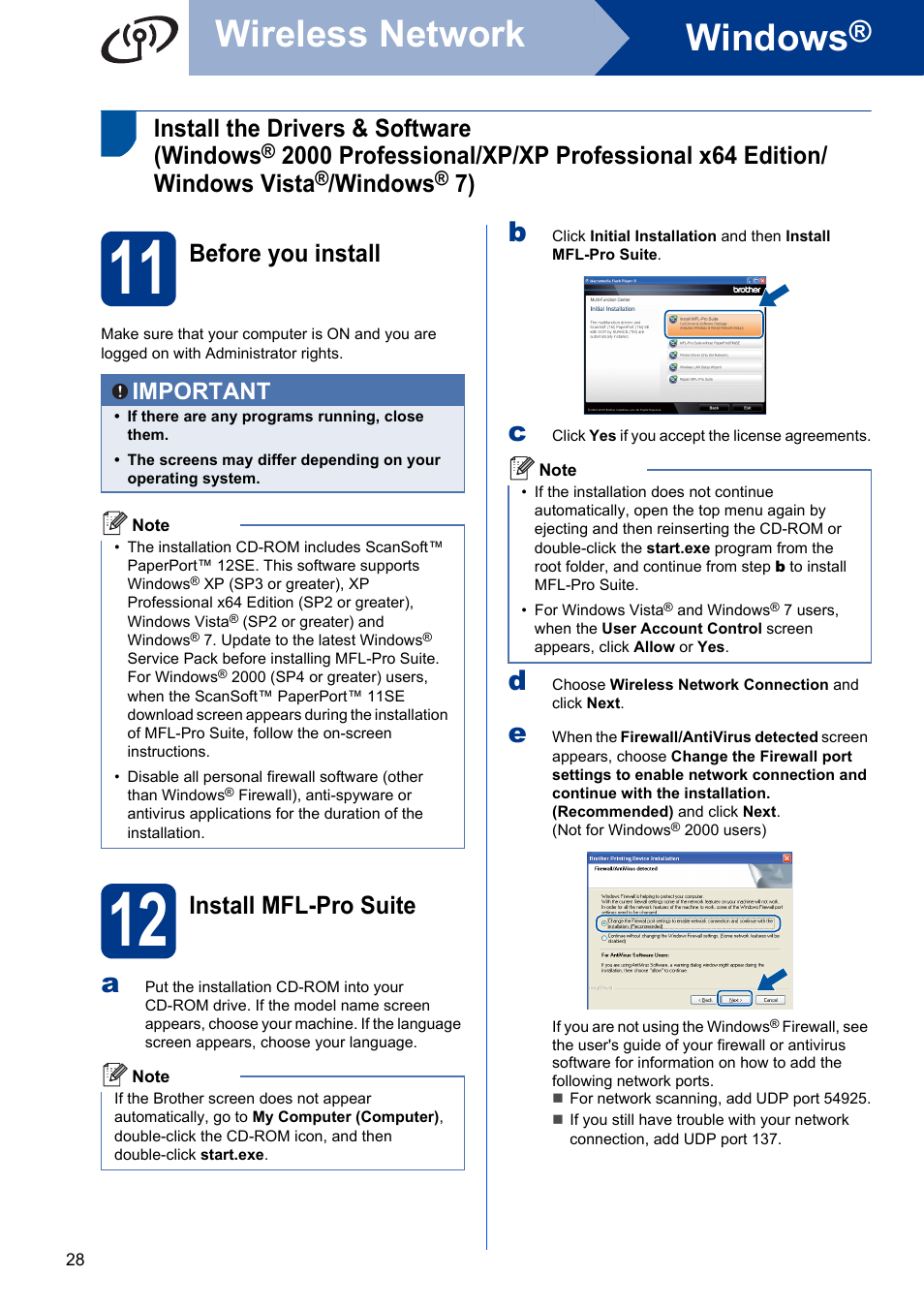 11 before you install, 12 install mfl-pro suite, Windows | Wireless network, Install the drivers & software (windows, Before you install, Install mfl-pro suite, Important | Brother HL-2280DW User Manual | Page 28 / 35