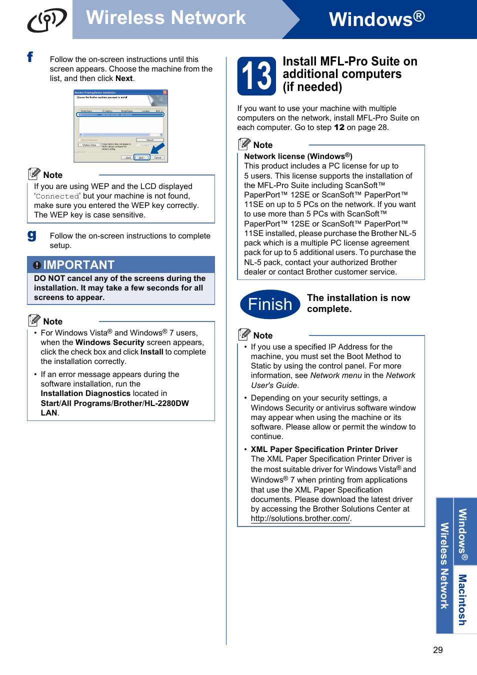 Step, Windows, Wireless network | Finish, Important | Brother HL-2280DW User Manual | Page 29 / 35