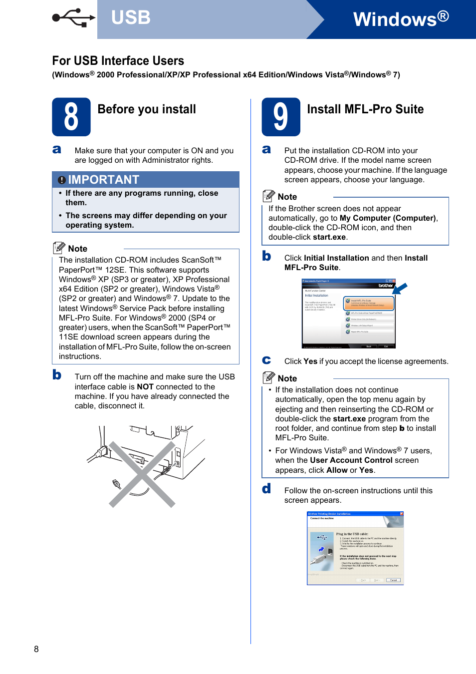 8 before you install, 9 install mfl-pro suite, Windows | For usb interface users, Before you install, Install mfl-pro suite, Important | Brother HL-2280DW User Manual | Page 8 / 35