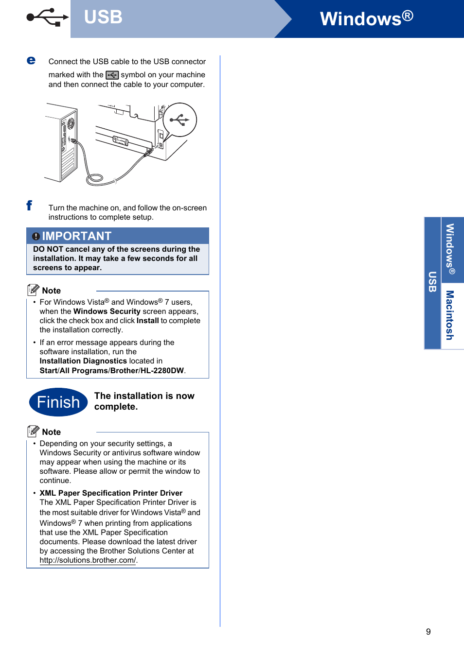 Windows, Finish, Important | Brother HL-2280DW User Manual | Page 9 / 35