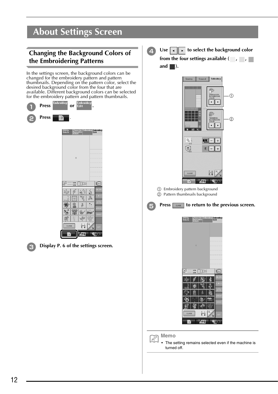 About settings screen | Brother Innov-is 5000 User Manual | Page 14 / 76
