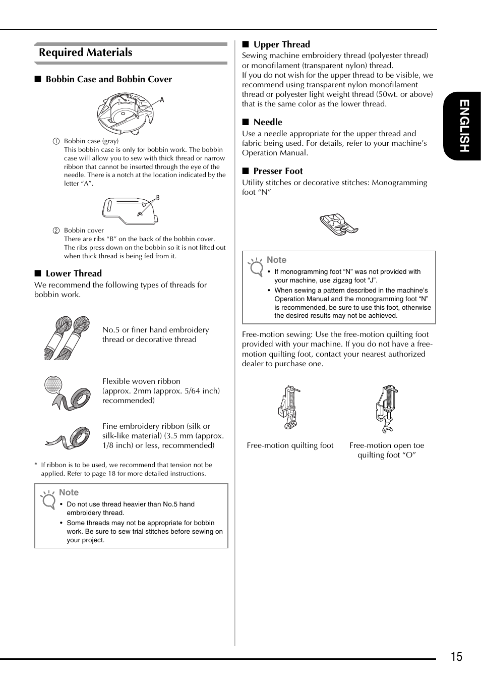15 en glish, Required materials | Brother Innov-is 5000 User Manual | Page 17 / 76