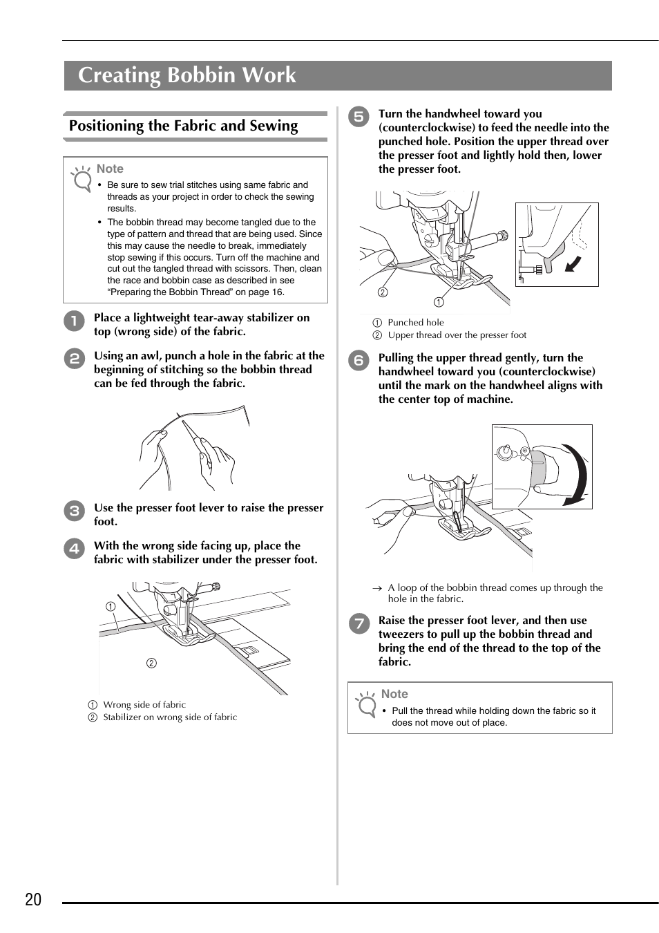 Creating bobbin work, Positioning the fabric and sewing | Brother Innov-is 5000 User Manual | Page 22 / 76