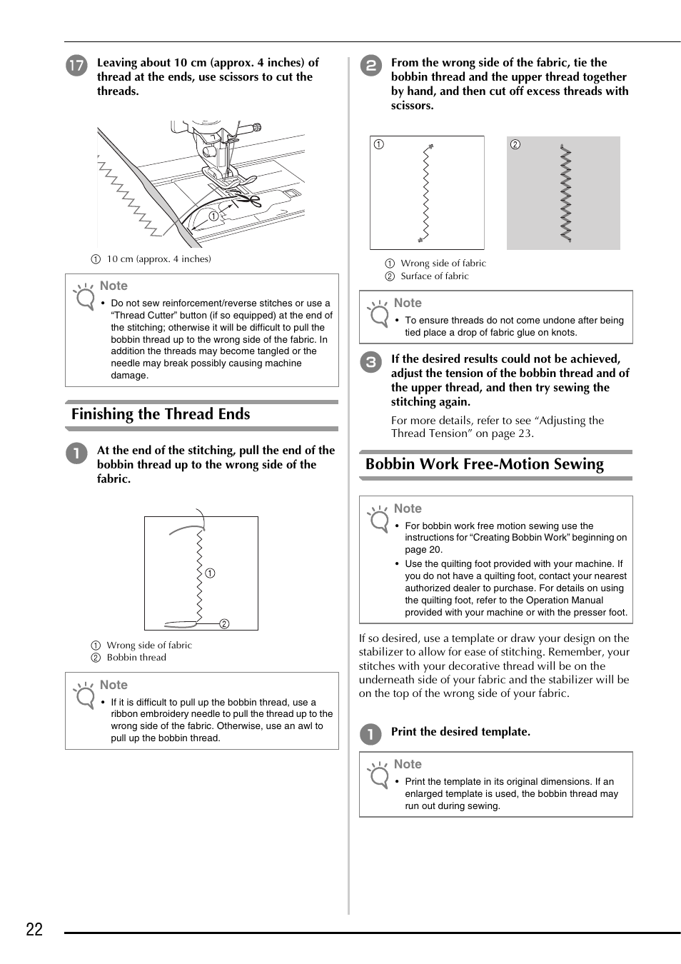 Finishing the thread ends, Bobbin work free-motion sewing | Brother Innov-is 5000 User Manual | Page 24 / 76