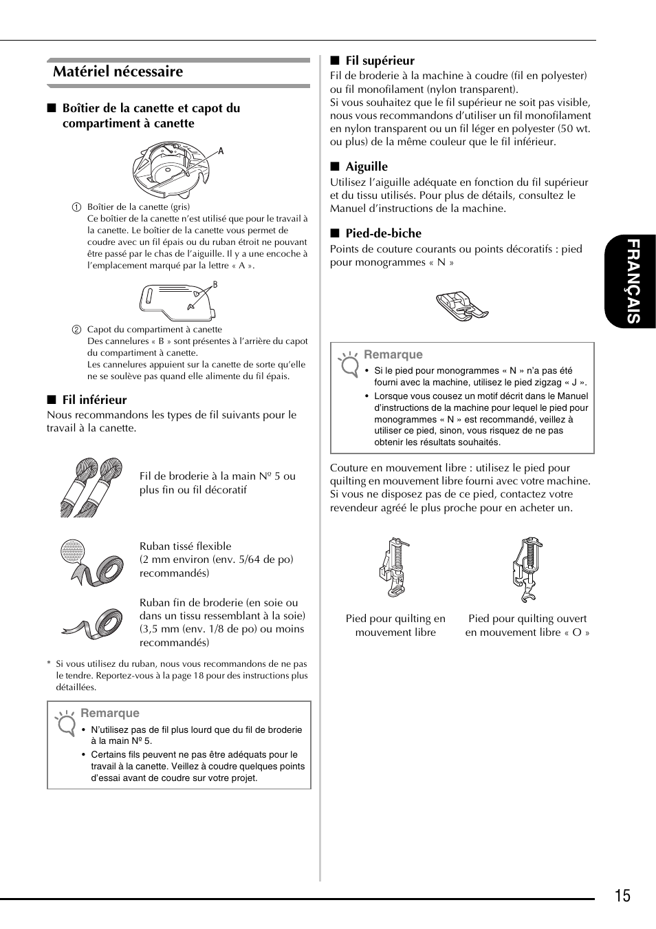 15 fra nçais, Matériel nécessaire | Brother Innov-is 5000 User Manual | Page 41 / 76