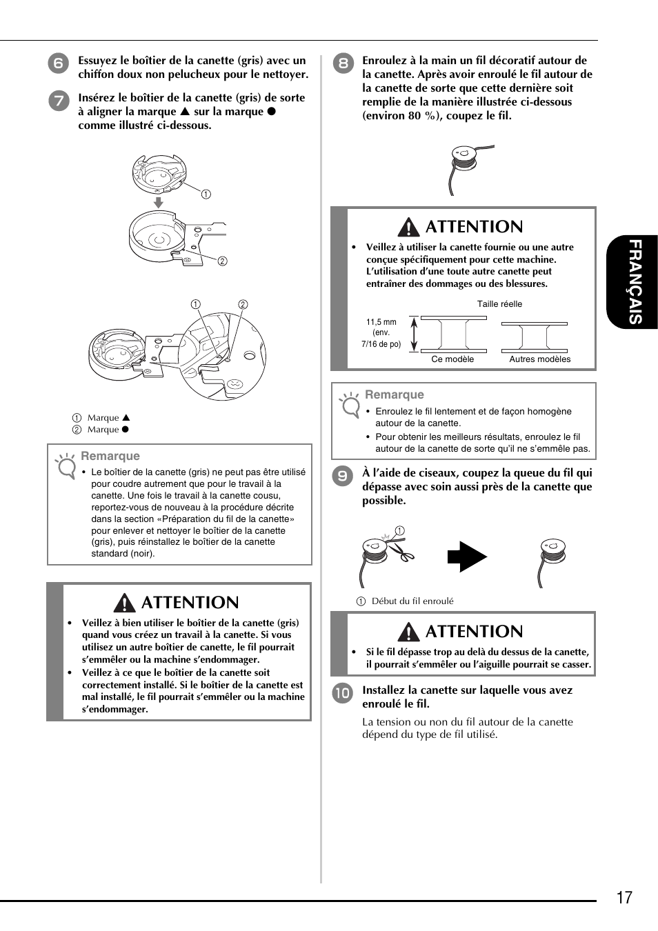 Attention, 17 fra nçais | Brother Innov-is 5000 User Manual | Page 43 / 76