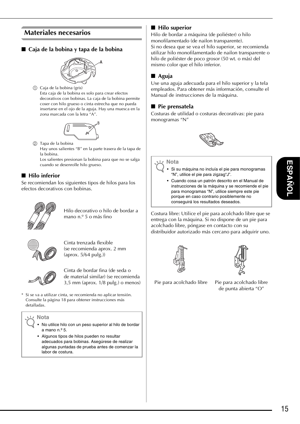 15 e spa ñol, Materiales necesarios | Brother Innov-is 5000 User Manual | Page 65 / 76