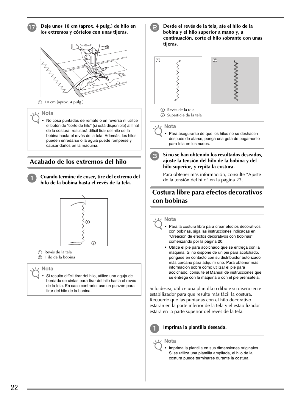Acabado de los extremos del hilo, Costura libre para efectos decorativos con bobinas | Brother Innov-is 5000 User Manual | Page 72 / 76