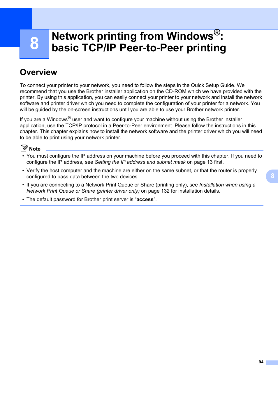 Overview, Network printing from windows, Basic tcp/ip peer-to-peer printing | Brother MFC 7840W User Manual | Page 103 / 151