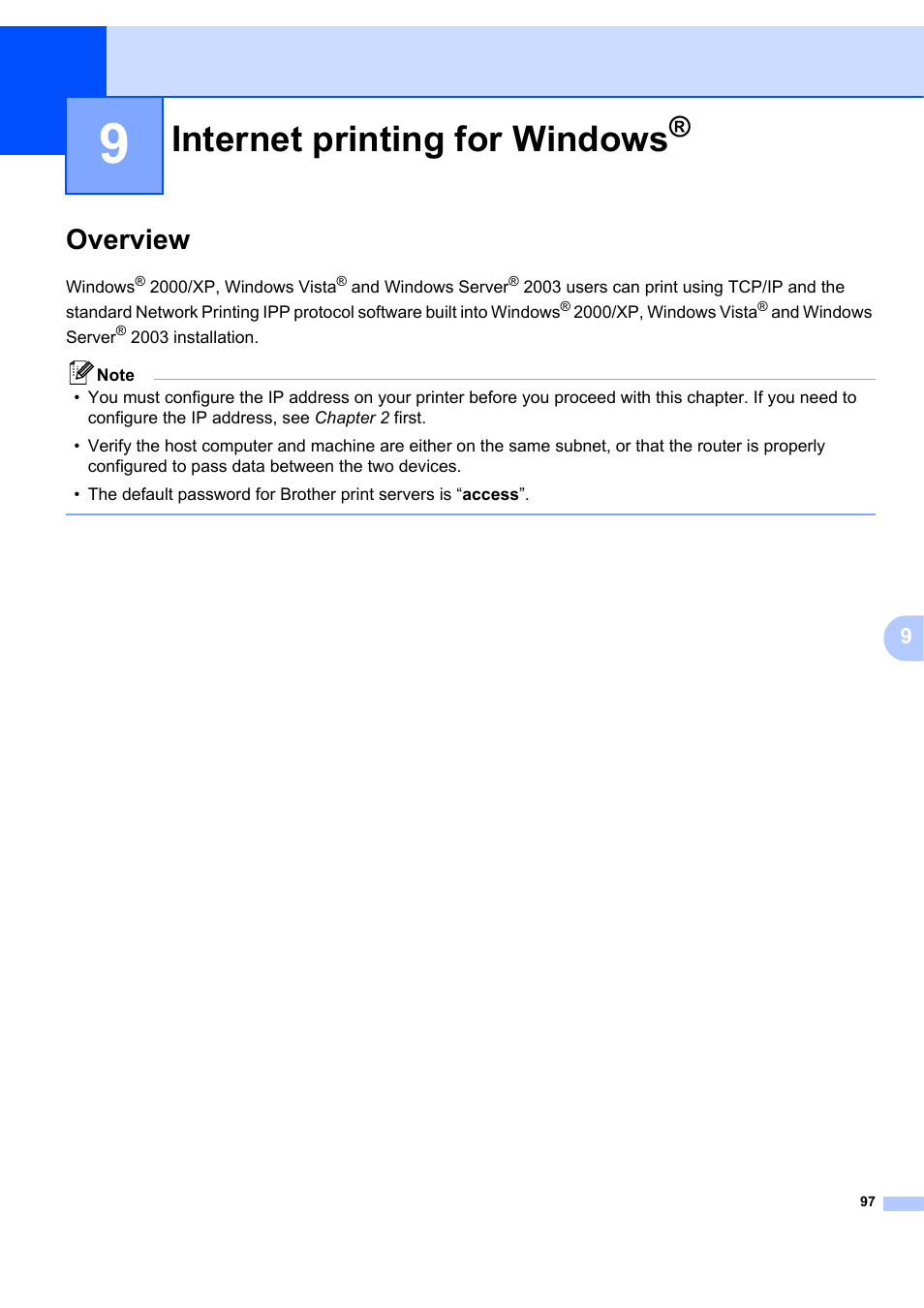 9 internet printing for windows, Overview, Internet printing for windows | Brother MFC 7840W User Manual | Page 106 / 151