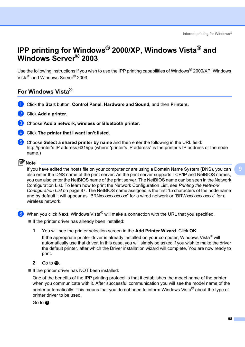 For windows vista, Ipp printing for windows, 2000/xp, windows vista | And windows server | Brother MFC 7840W User Manual | Page 107 / 151