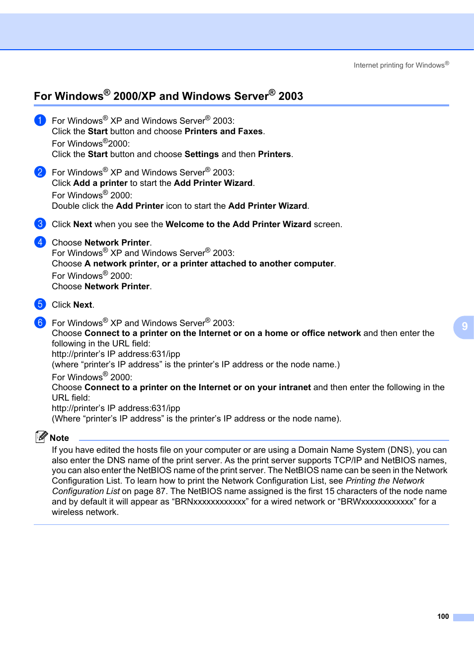 For windows® 2000/xp and windows server® 2003, For windows, 2000/xp and windows server | 9for windows | Brother MFC 7840W User Manual | Page 109 / 151