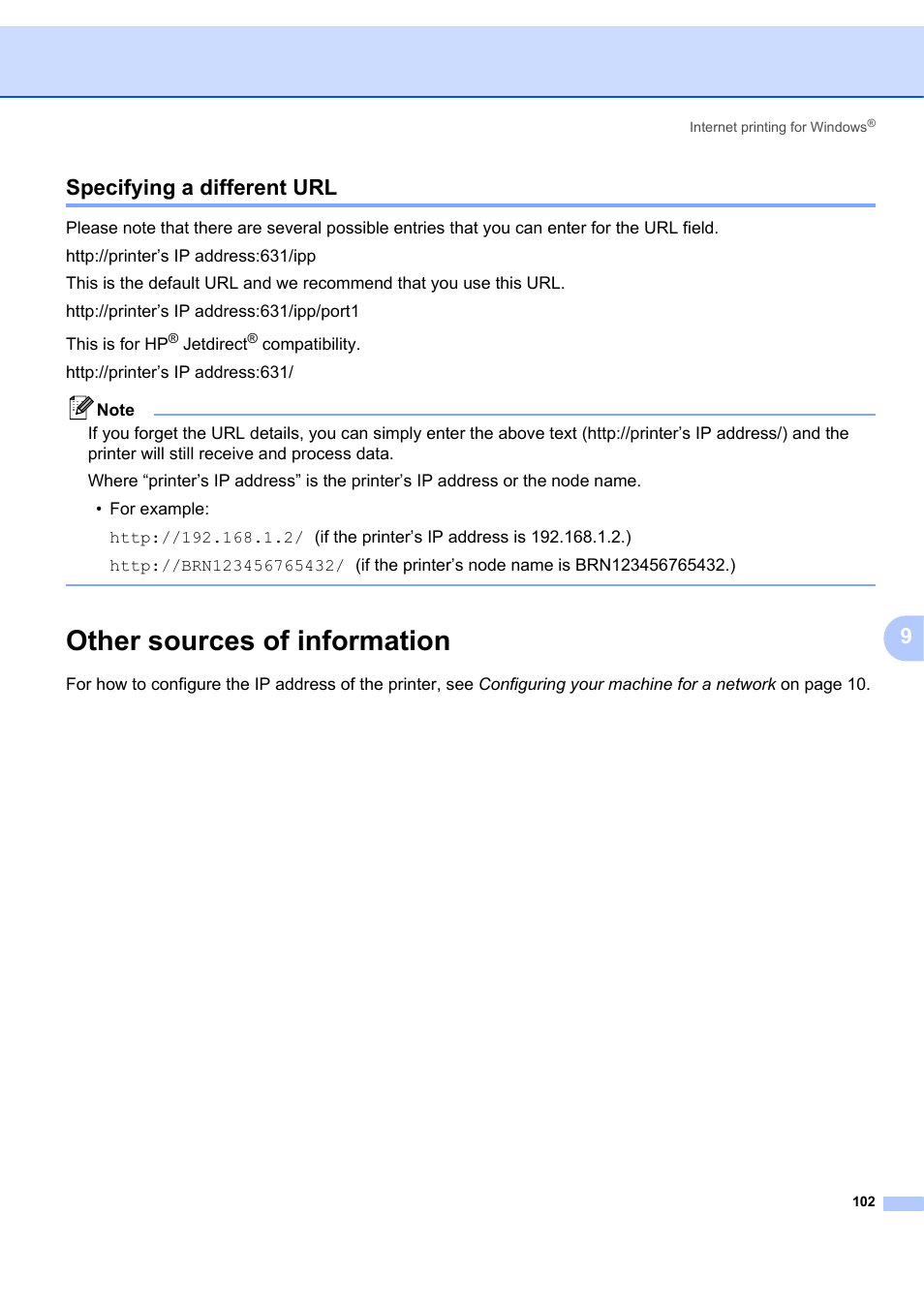 Specifying a different url, Other sources of information, 9specifying a different url | Brother MFC 7840W User Manual | Page 111 / 151