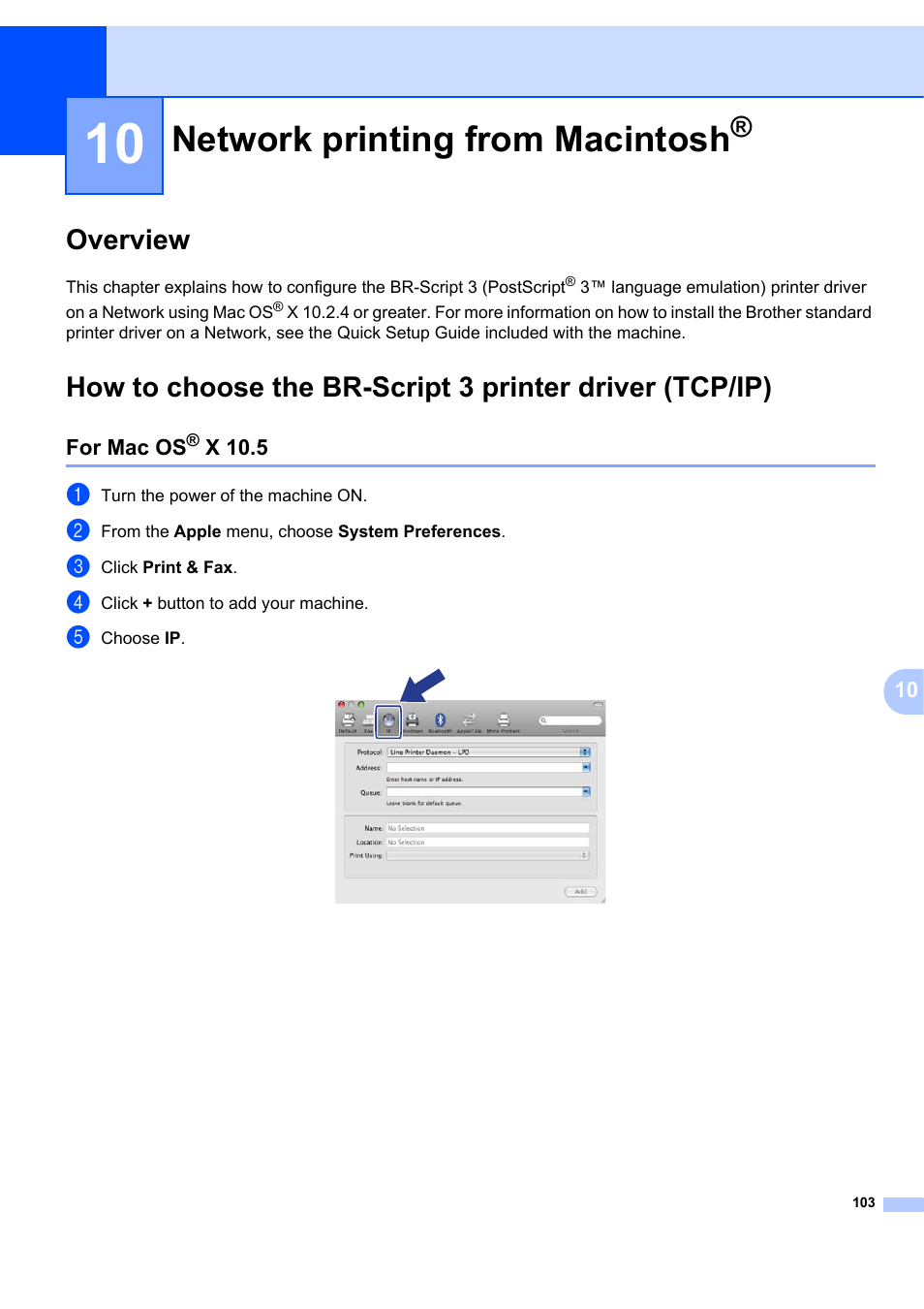 10 network printing from macintosh, Overview, For mac os® x 10.5 | Network printing from macintosh, For mac os, X 10.5 | Brother MFC 7840W User Manual | Page 112 / 151