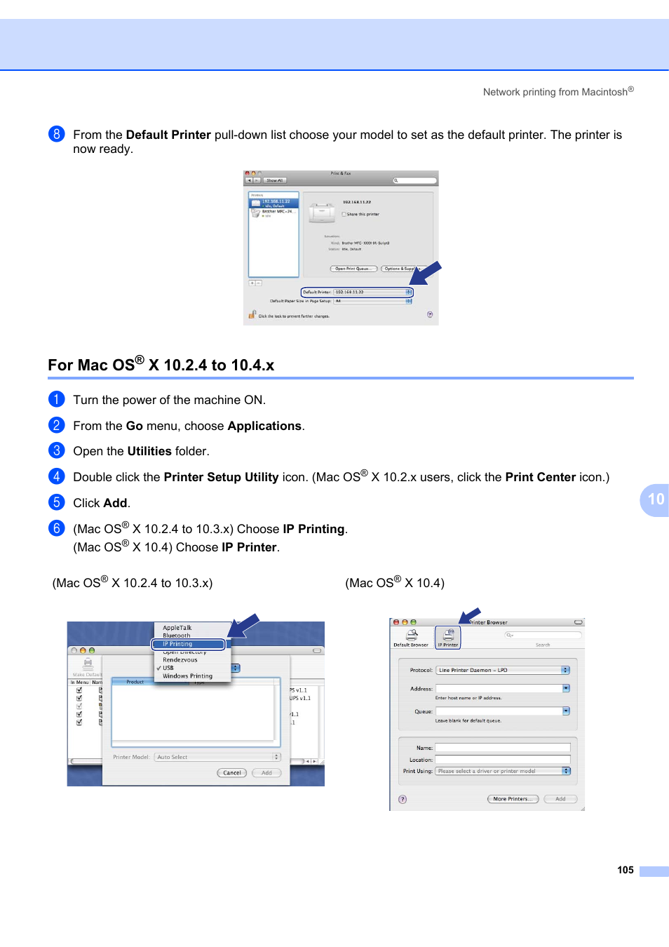 For mac os® x 10.2.4 to 10.4.x, For mac os, X 10.2.4 to 10.4.x | Brother MFC 7840W User Manual | Page 114 / 151