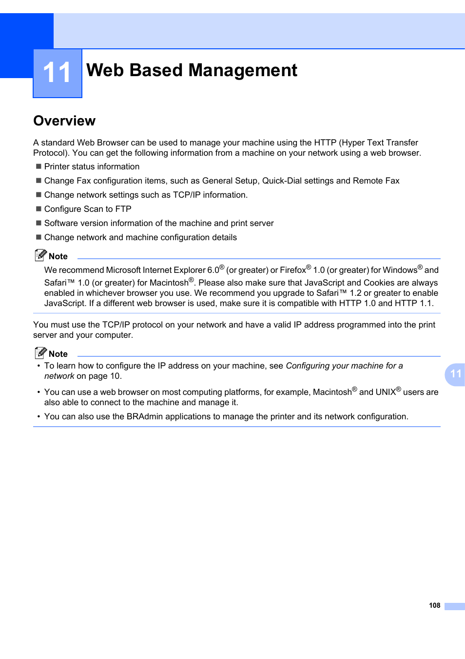 11 web based management, Overview, Web based management | Brother MFC 7840W User Manual | Page 117 / 151