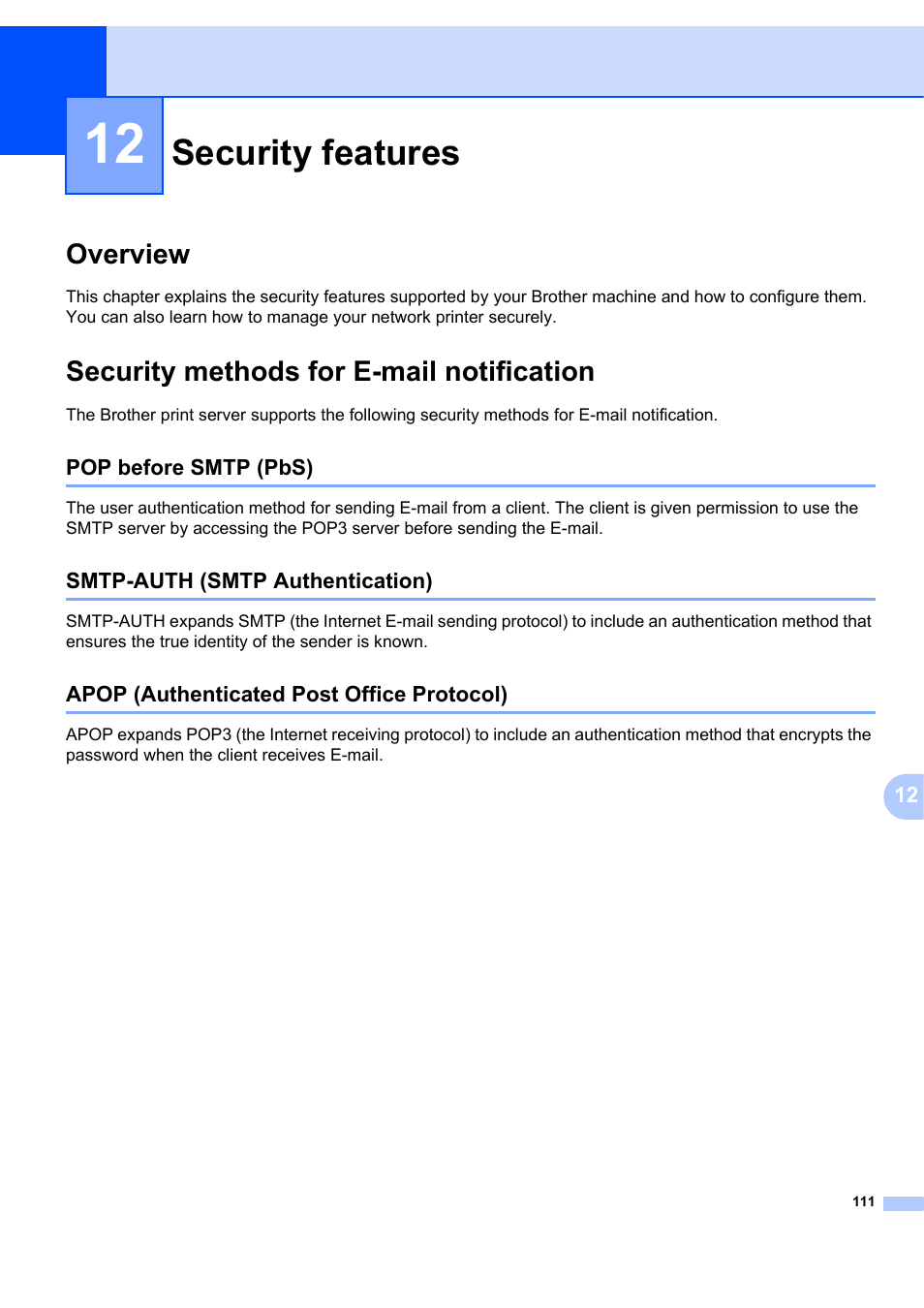 12 security features, Overview, Security methods for e-mail notification | Pop before smtp (pbs), Smtp-auth (smtp authentication), Apop (authenticated post office protocol), Security features, Overview security methods for e-mail notification | Brother MFC 7840W User Manual | Page 120 / 151