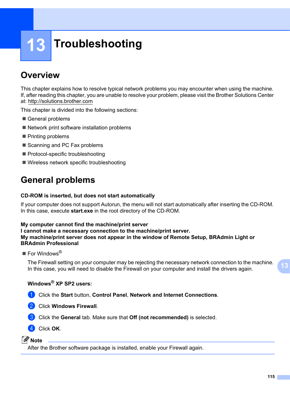 13 troubleshooting, Overview, General problems | Troubleshooting, Overview general problems | Brother MFC 7840W User Manual | Page 124 / 151