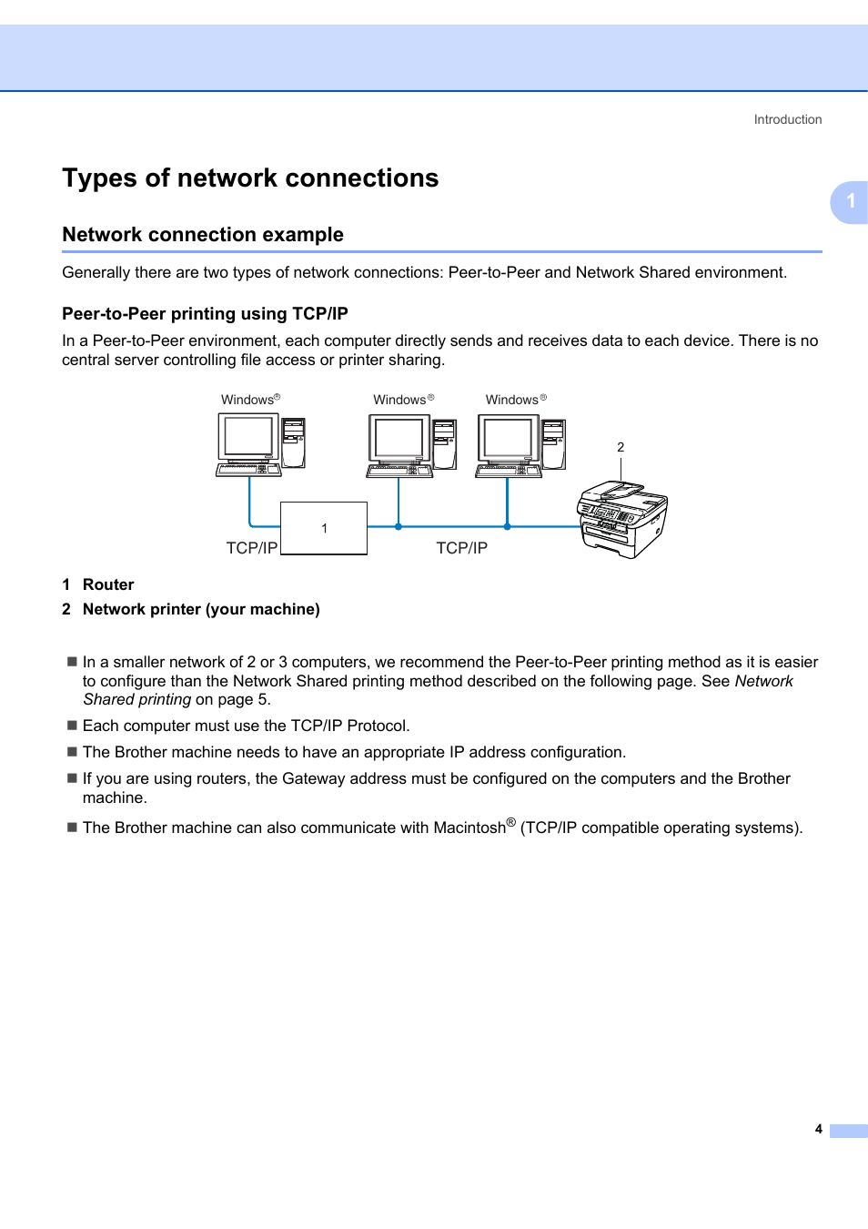 Types of network connections, Network connection example, Peer-to-peer printing using tcp/ip | Brother MFC 7840W User Manual | Page 13 / 151