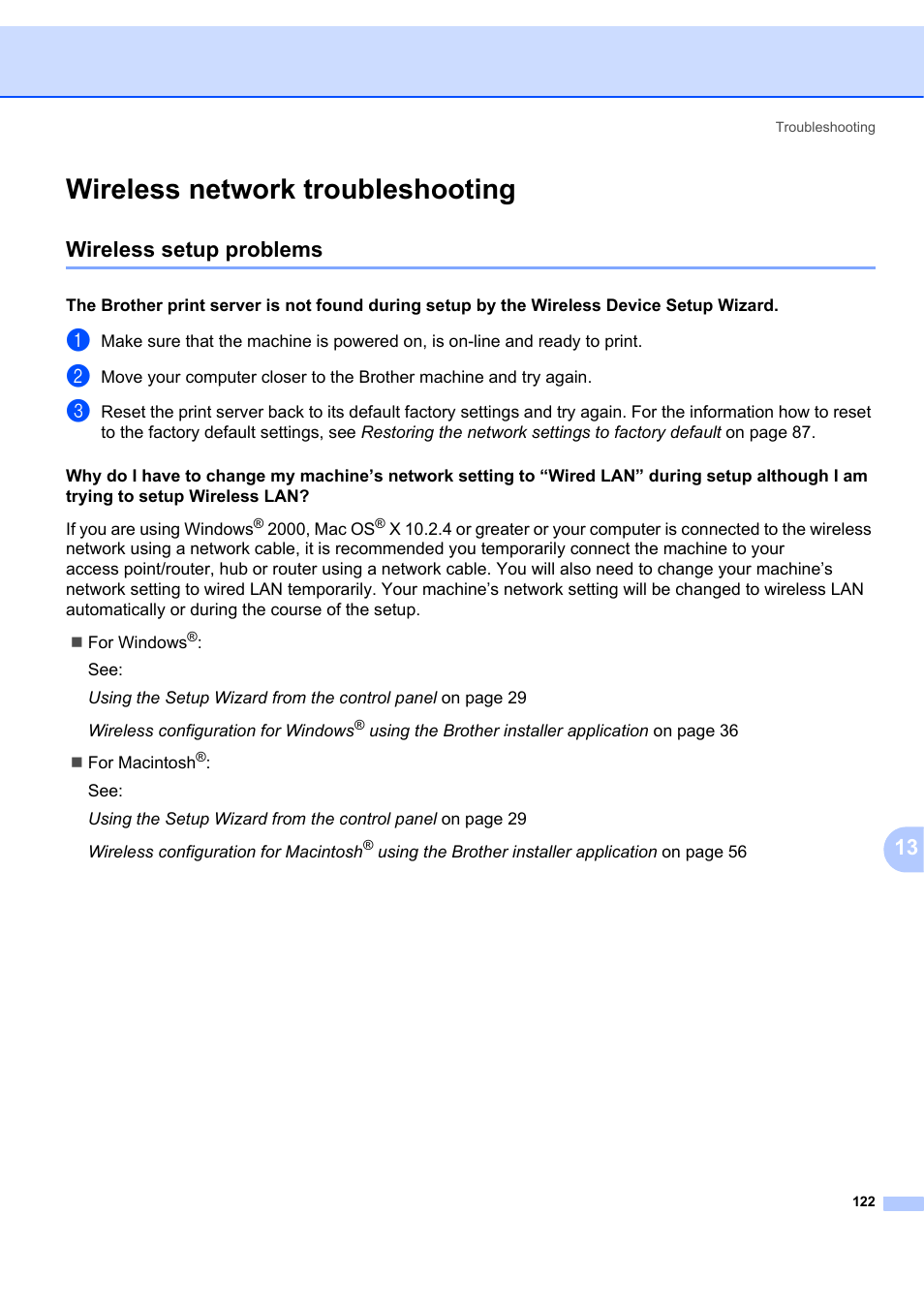 Wireless network troubleshooting, Wireless setup problems | Brother MFC 7840W User Manual | Page 131 / 151