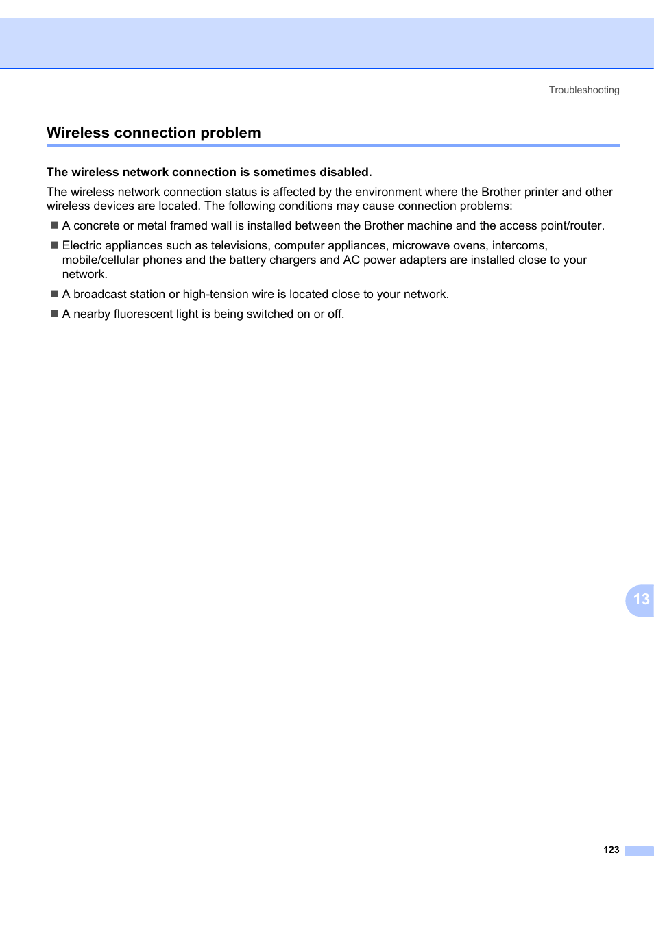 Wireless connection problem, 13 wireless connection problem | Brother MFC 7840W User Manual | Page 132 / 151