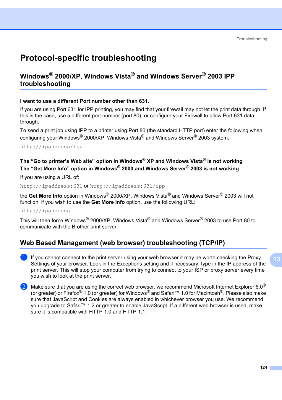 Protocol-specific troubleshooting, Windows, 2000/xp, windows vista | And windows server, 2003 ipp troubleshooting, O windows, Windows server | Brother MFC 7840W User Manual | Page 133 / 151